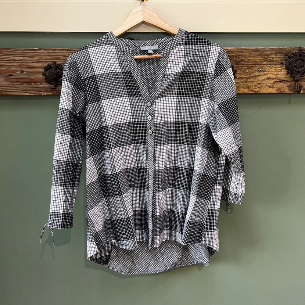 Habitat Clothes to Live In Black White Grid Tie Sleeve Top Style 46508 Small